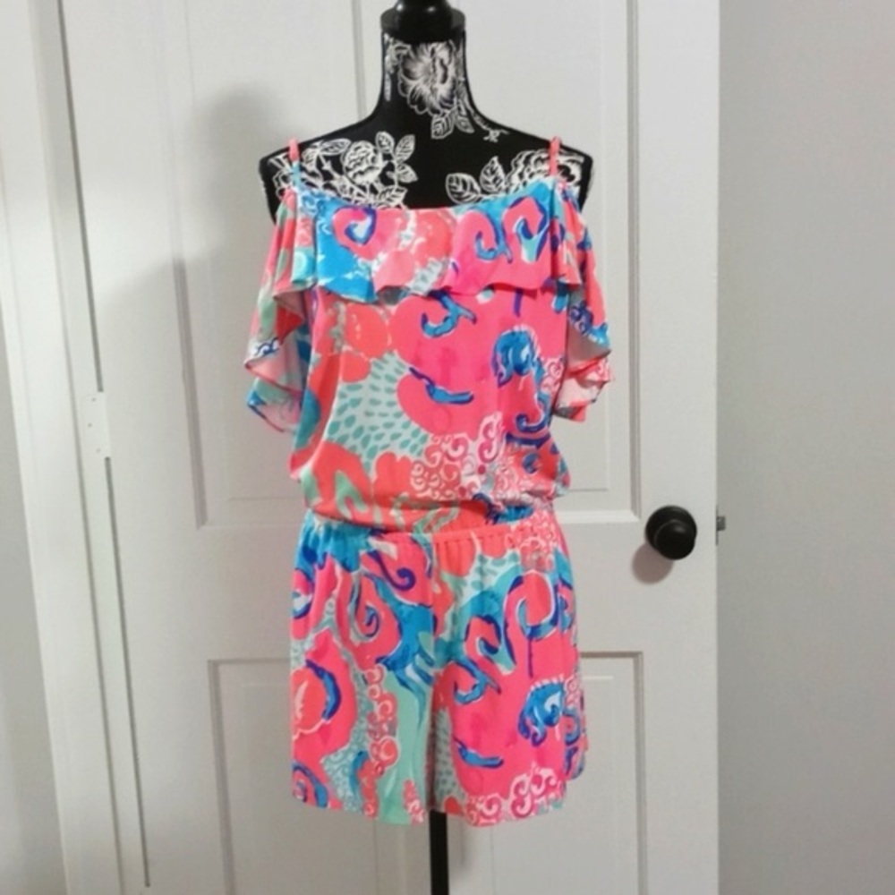 Lilly Pulitzer Klea Romper Off the Shoulder Coral Reef I'm So Jelly Jumpsuit S - Picture 2 of 11